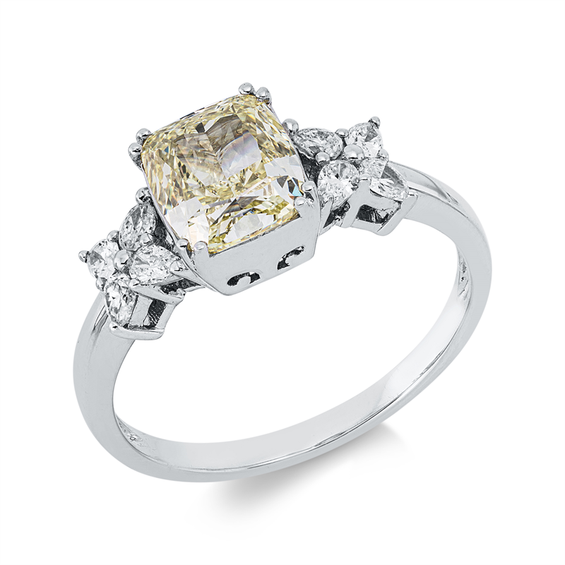 Ring 18 kt WG, 1 Cushion 1,58 ct, gelb-vsi, 8 Tropfen 0,26 ct, F-si