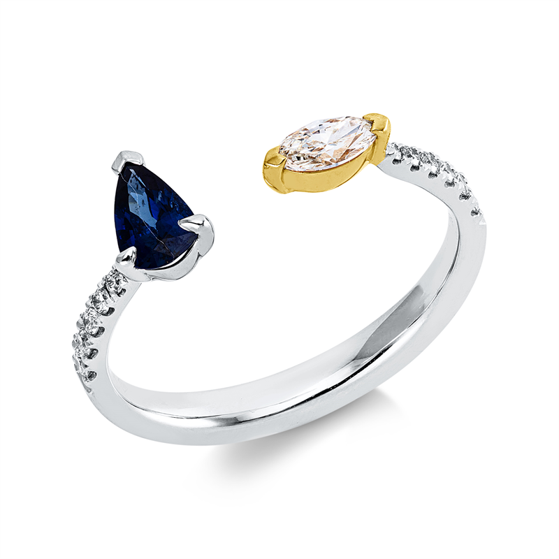 Ring 18 kt WG+GG, 1 Nav. 0,15 ct, I-si, 12 Brill. 0,11 ct, I-si, 1 Saphir 0,35 ct blau