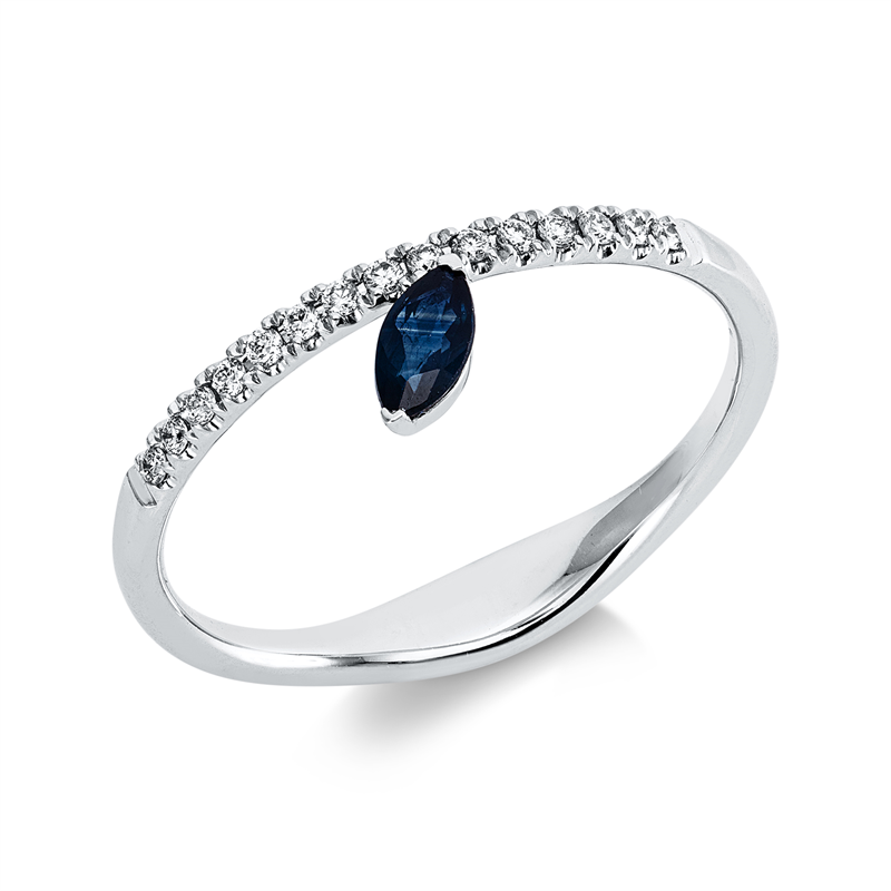 Ring 18 kt WG, 15 Brill. 0,08 ct, I-si, 1 Saphir 0,18 ct blau