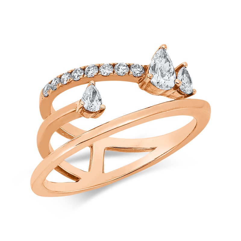 Ring 18 kt RG, 3 Tropfen 0,38 ct, TW-vsi, 8 Brill. 0,15 ct, TW-si