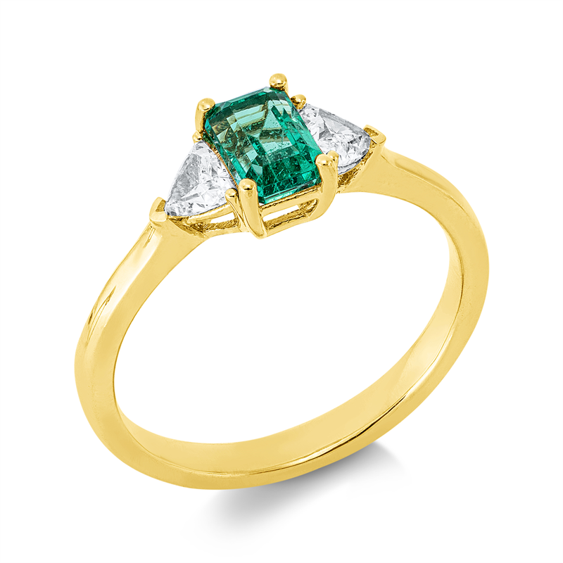 Ring 18 kt GG, 2 Triangel 0,33 ct, TW-si, 1 Smaragd 0,69 ct grün