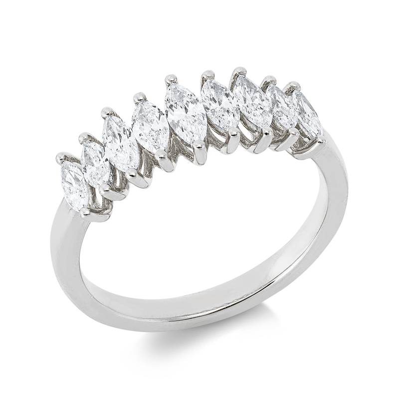 Ring 18 kt WG, 7 Nav. 0,70 ct, TW-si, 2 Nav. 0,14 ct, TW-si