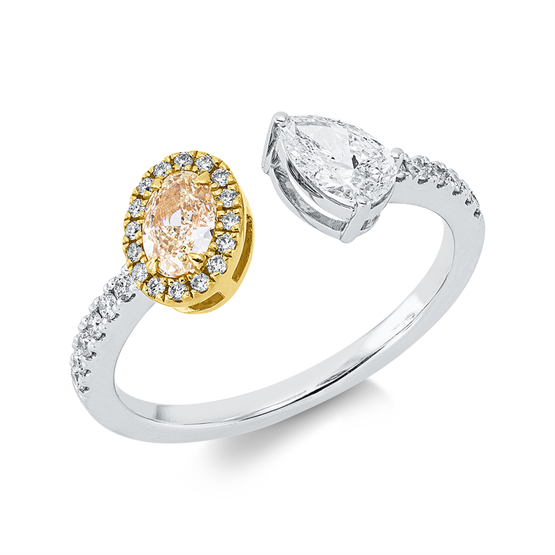 Ring 18 kt WG+GG, 1 Tropfen 0,38 ct, TW-si, 12 Brill. 0,11 ct, TW-si, 16 Brill. 0,06 ct, TW-si, 1 Oval 0,31 ct, gelb