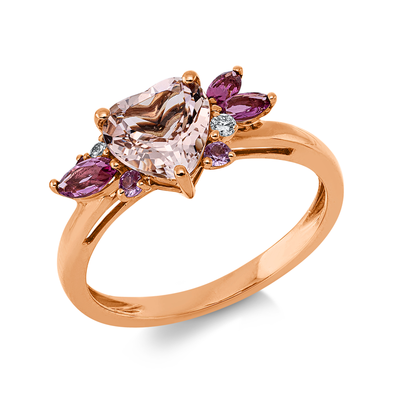 Ring 18 kt RG, 2 Brill. 0,04 ct, TW-si, 2 Saphire 0,09 ct pink, 3 Turmalin 0,40 ct pink, 1 Morganit 1,30 ct pink
