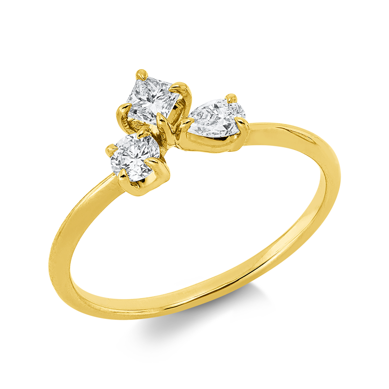 Ring 18 kt GG, 1 Tropfen 0,13 ct, TW-vsi, 1 Brill. 0,12 ct, TW-si, 1 Princ. 0,15 ct, TW-vsi