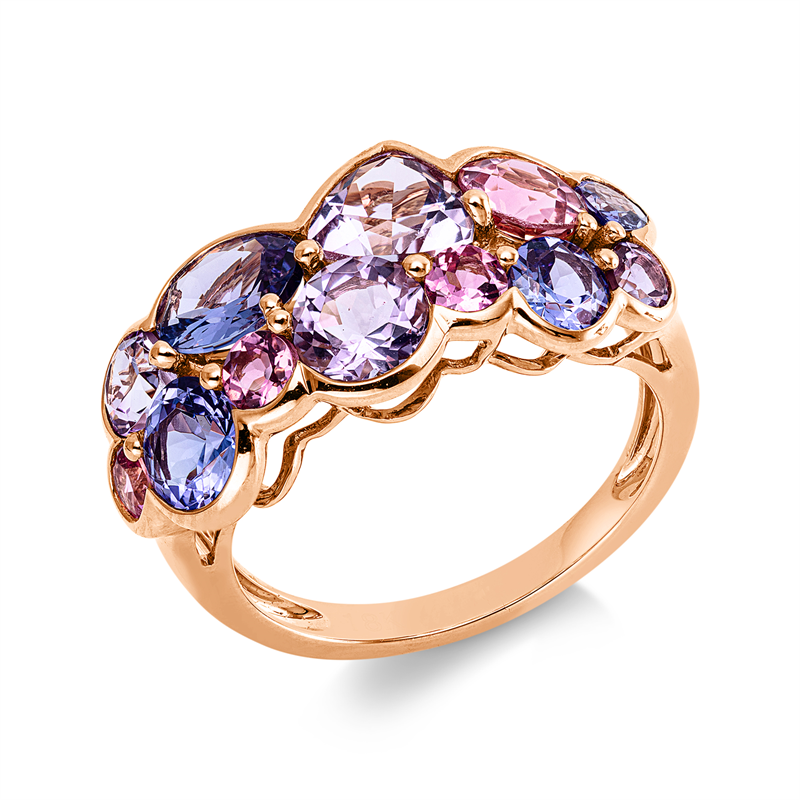 Ring 18 kt RG, 4 Tansanit 2,00 ct blau, 4 Amethyste 1,70 ct pink, 4 Turmalin 1,00 ct pink