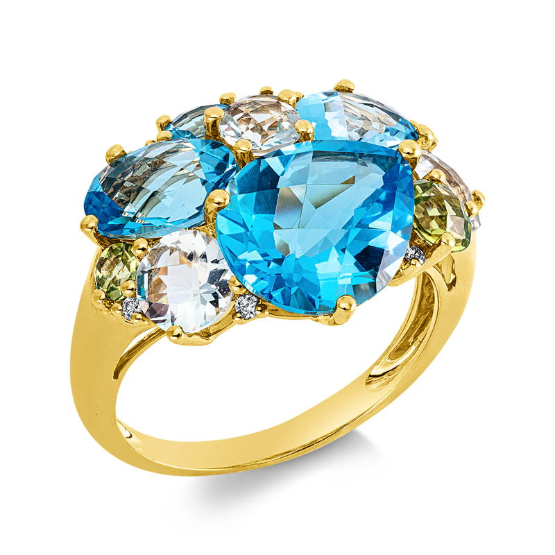 Ring 18 kt GG, 6 Brill. 0,05 ct, TW-si, 6 Fant-Schl 1,80 ct multi-color, 4 Topas 7,30 ct blau