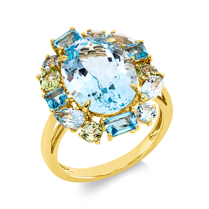 Ring 18 kt GG,4 Top 1,00 ct blau,6 Top 1,30 ct sky blue,1 Top 7,50 ct sky blue,3 Peri 0,50 ct grün
