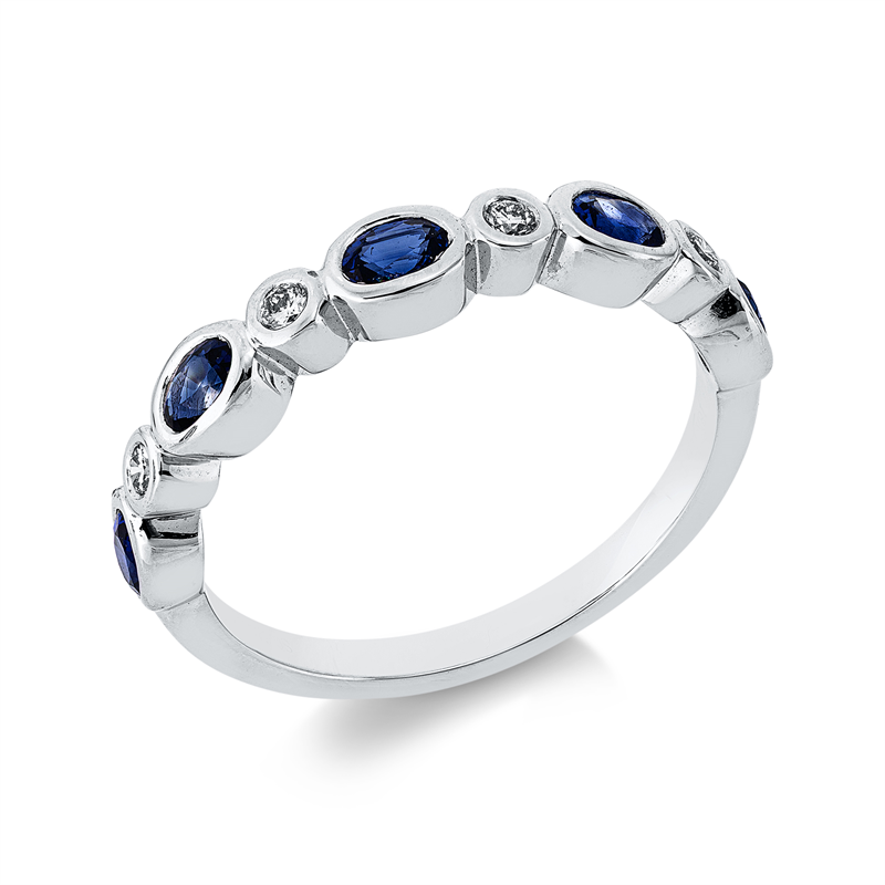 Ring 18 kt WG, 5 Saphire 0,64 ct blau, 4 Brill. 0,08 ct, TW-si