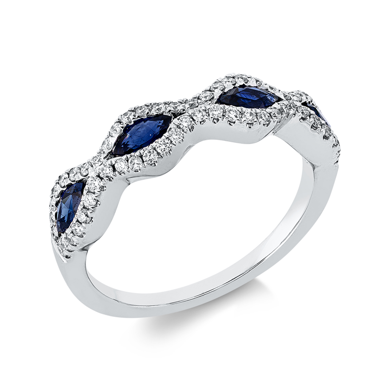 Ring 18 kt WG, 4 Saphire 0,52 ct blau, 58 Brill. 0,30 ct, TW-si