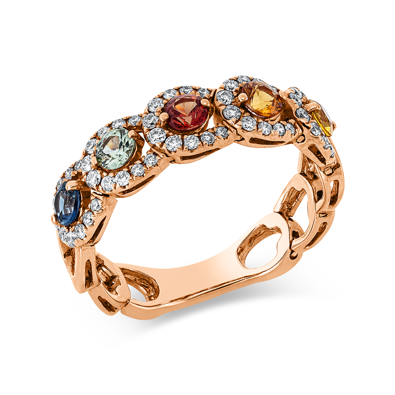 Ring 18 kt RG, 5 Saphire 0,67 ct multicolor, 50 Brill. 0,28 ct, TW-si