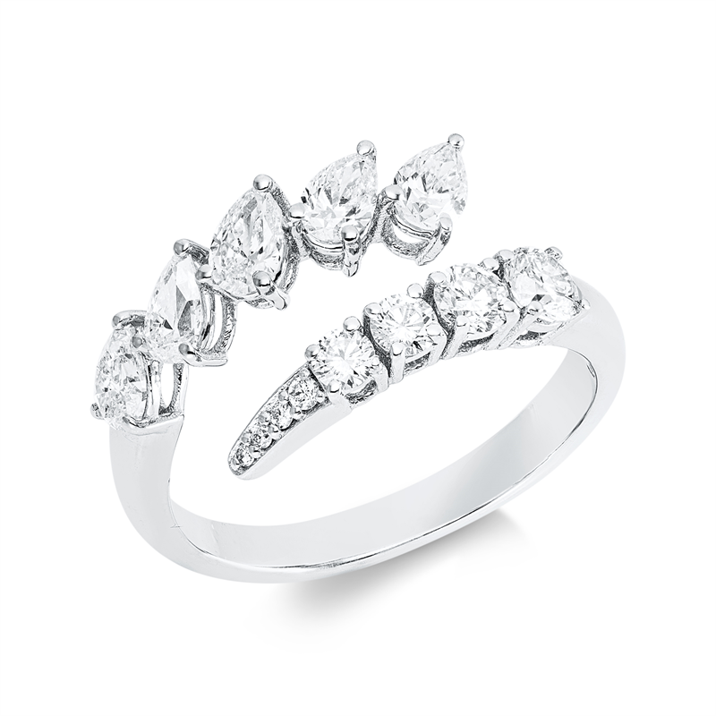 Ring 18 kt WG, 1 Brill. 0,10 ct, 1 Brill. 0,14 ct, 5 Tropfen 1,37 ct, 6 Brill. 0,14 ct, F-vsi/si