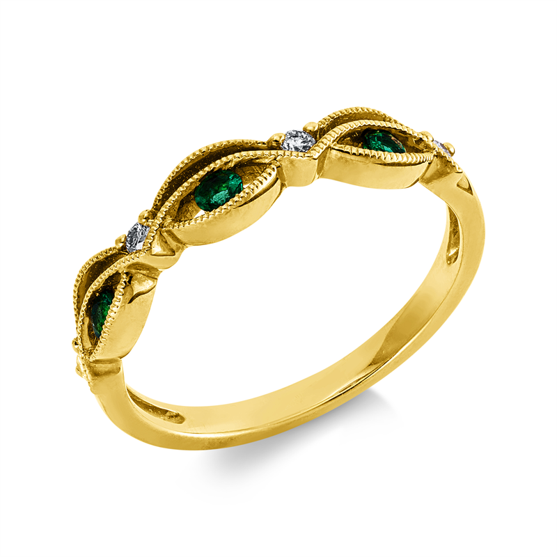 Ring 18 kt GG, 4 Brill. 0,07 ct, TW-si, 3 Smaragde 0,10 ct grün
