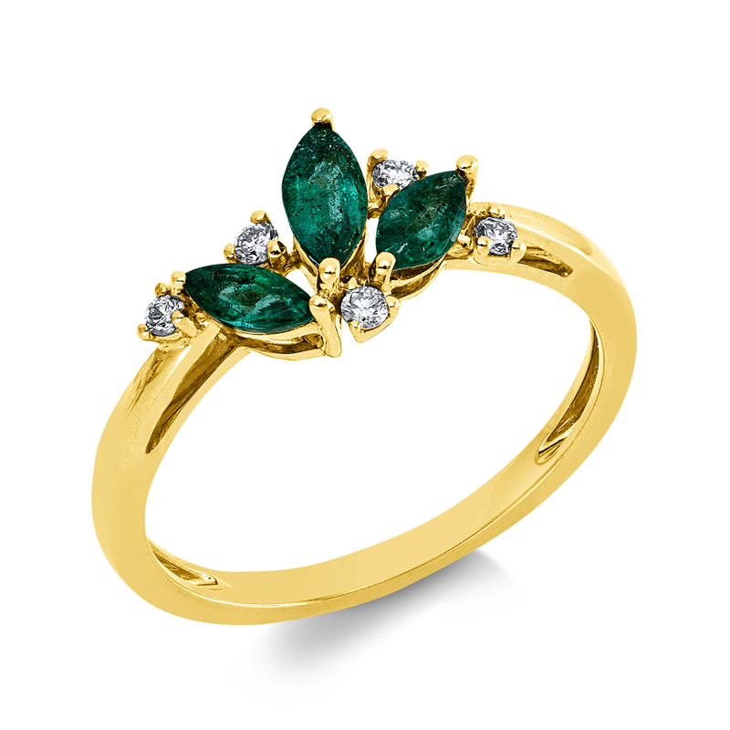Ring 18 kt GG, 5 Brill. 0,09 ct, TW-si, 3 Smaragde 0,55 ct grün