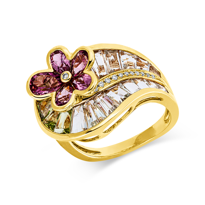 Ring 18 kt GG, 12 Brill. 0,05ct, TW-si, 14 Am 3,00ct grün, 3 Peridot 1,00ct grün, 5 Turmalin 1,20ct pink