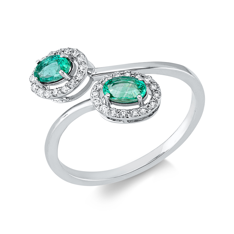 Ring 18 kt WG, 32 Brill. 0,16 ct, TW-si, 2 Smaragde 0,46 ct grün