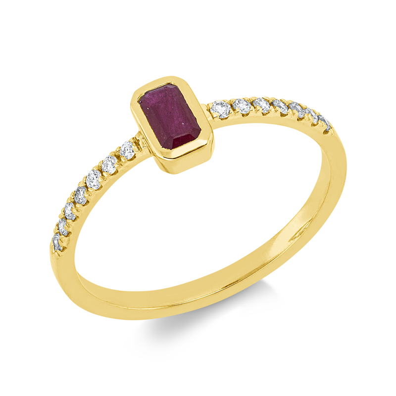 Ring 18 kt GG, Fassung rhodiniert, 14 Brill. 0,13 ct, TW-si, 1 Rubin 0,26 ct rot