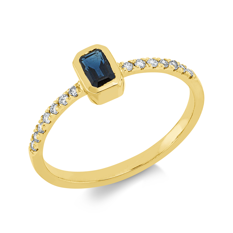 Ring 18 kt GG, Fassung rhodiniert, 14 Brill. 0,13 ct, TW-si, 1 Saphir 0,40 ct blau