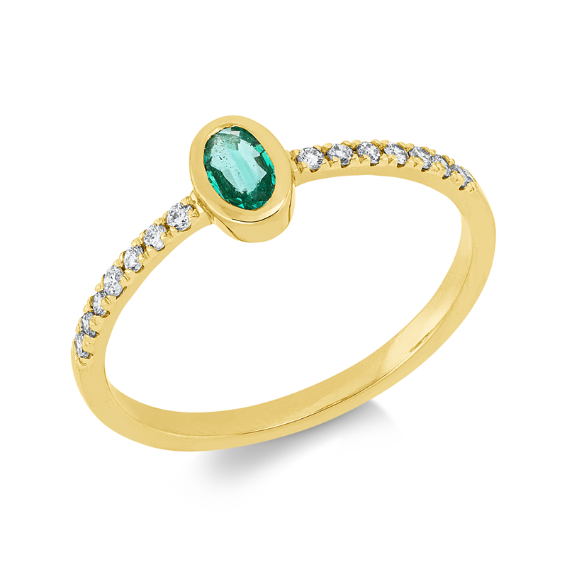 Ring 18 kt GG, Fassung rhodiniert, 14 Brill. 0,13 ct, TW-si, 1 Smaragd 0,17 ct grün