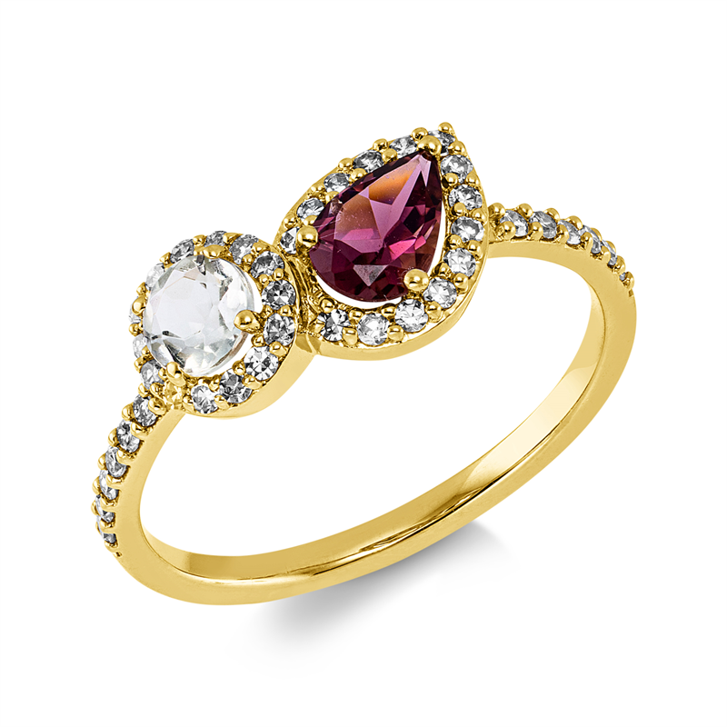 Ring 18 kt GG, 40 Dia. 0,25 ct, TW-si, 1 Turmalin 0,33 ct pink, 1 Amethyst 0,23 ct grün