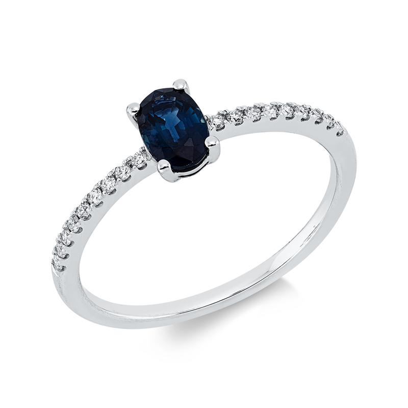 Ring 18 kt WG, 18 Brill. 0,10 ct, TW-si, 1 Saphir 0,52 ct blau
