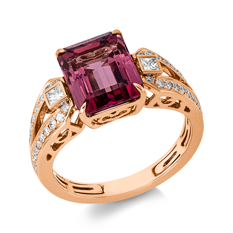 Ring 18 kt RG, 2 Princ. 0,11 ct, TW-si, 40 Brill. 0,27 ct, TW-si, 1 Turmalin 3,60 ct pink