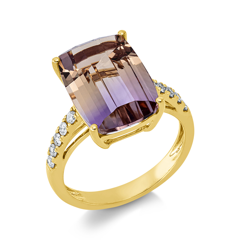 Ring 18 kt GG, 10 Brill. 0,24 ct, TW-si, 1 Ametrin 6,70 ct gelb-lila