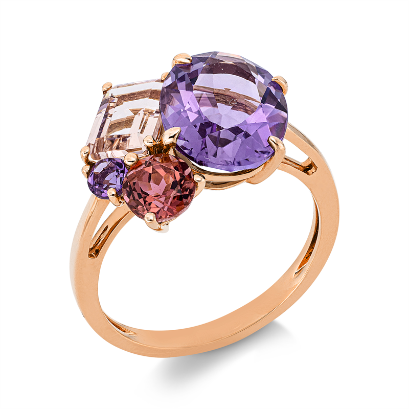 Ring 18 kt RG, 1 Turmalin 0,60 ct pink, 1 Morganit 1,00 ct rosa, 1 Am 3,10 ct pink, 1 Am 0,10 ct lila