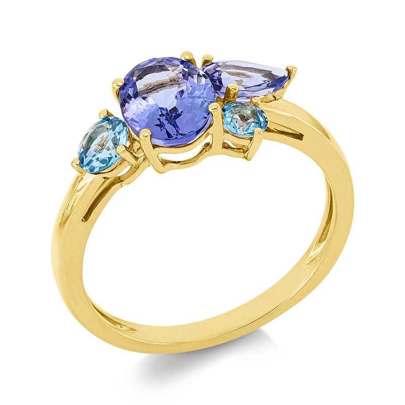Ring 18 kt GG, 1 Tansanit 0,50 ct blau, 1 Tansanit 1,50 ct blau, 2 Topase 0,50 ct blau