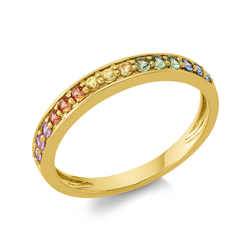 Ring 18 kt GG, 3 Tsavorith 0,09 ct grün, 12 Saphire 0,37 ct fancy