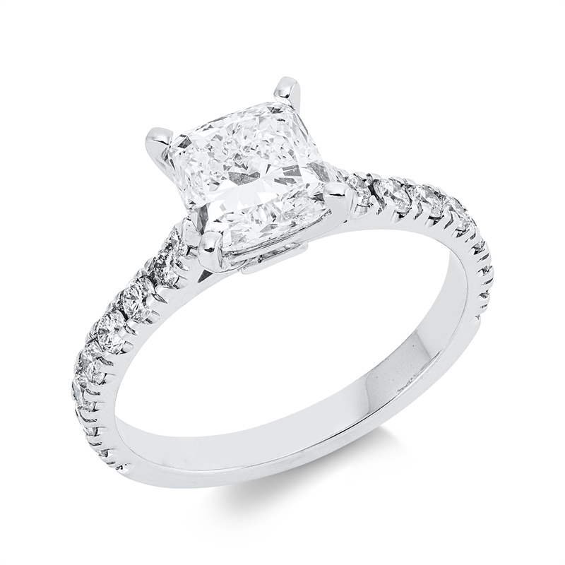 Ring 18 kt WG, GIA7502868171, 1 Cushion 1,50 ct, F-vsi, 18 Brill. 0,36 ct, F-vsi