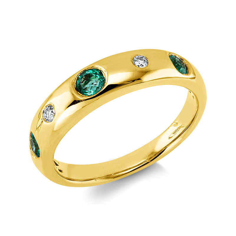 Ring 14 kt GG, 2 Brill. 0,05 ct, TW-si, 3 Smaragde 0,33 ct grün