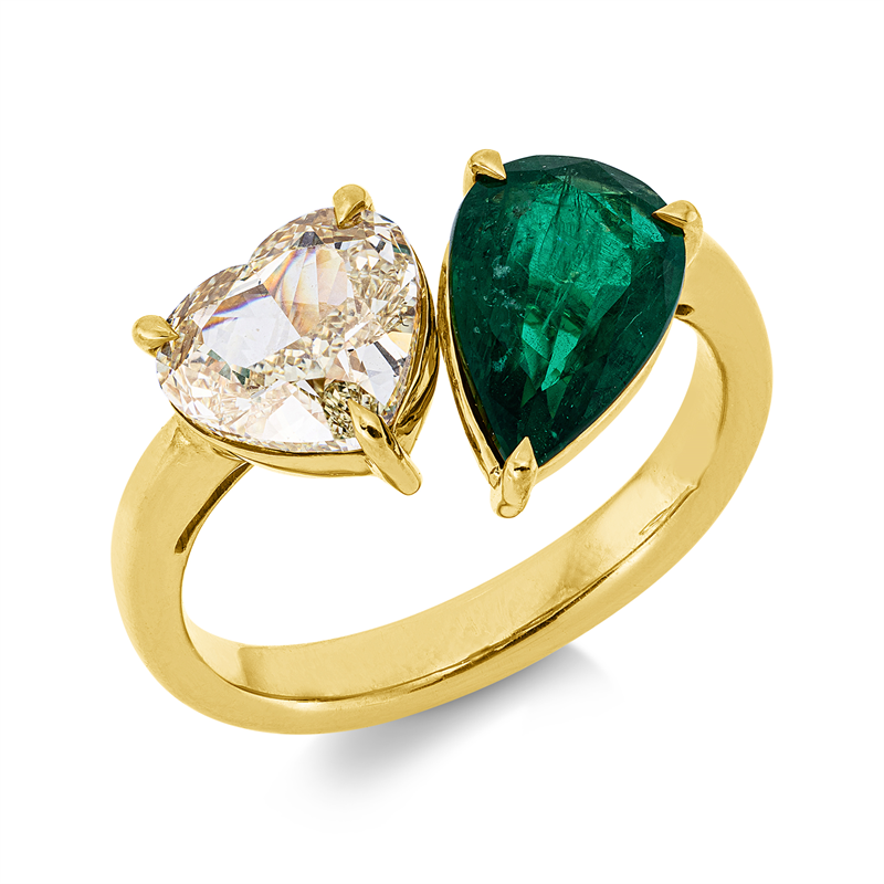 Ring 18 kt GG, GIA 7516339369, 1 Herzschl. 2,01 ct, gelb-vs2, 1 Smaragd 1,32 ct grün
