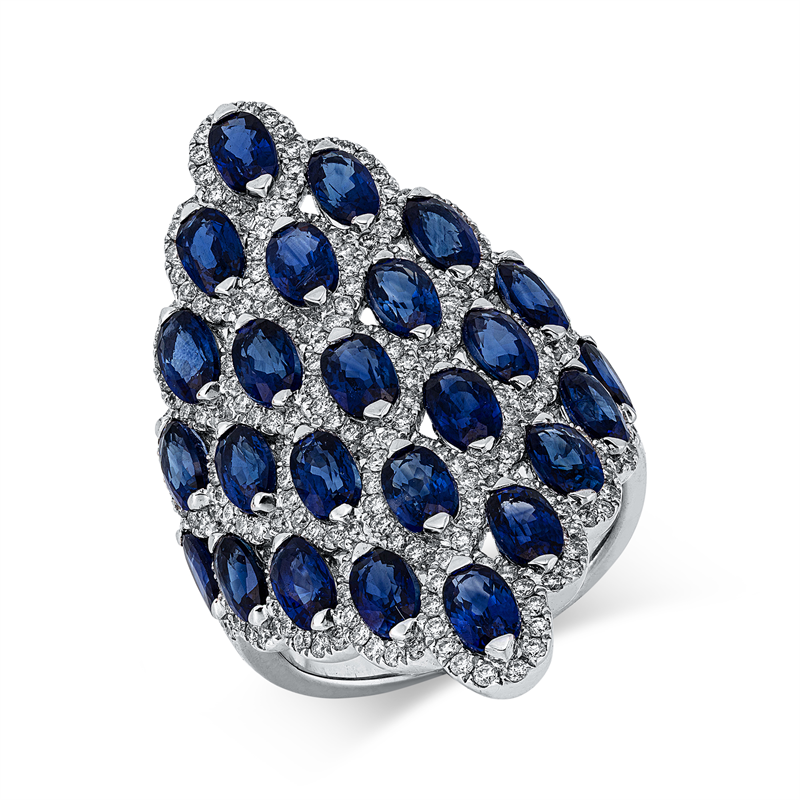 Ring 18 kt WG, 232 Brill. 1,23 ct, TW-vsi/si, 25 Saphire 8,53 ct blau