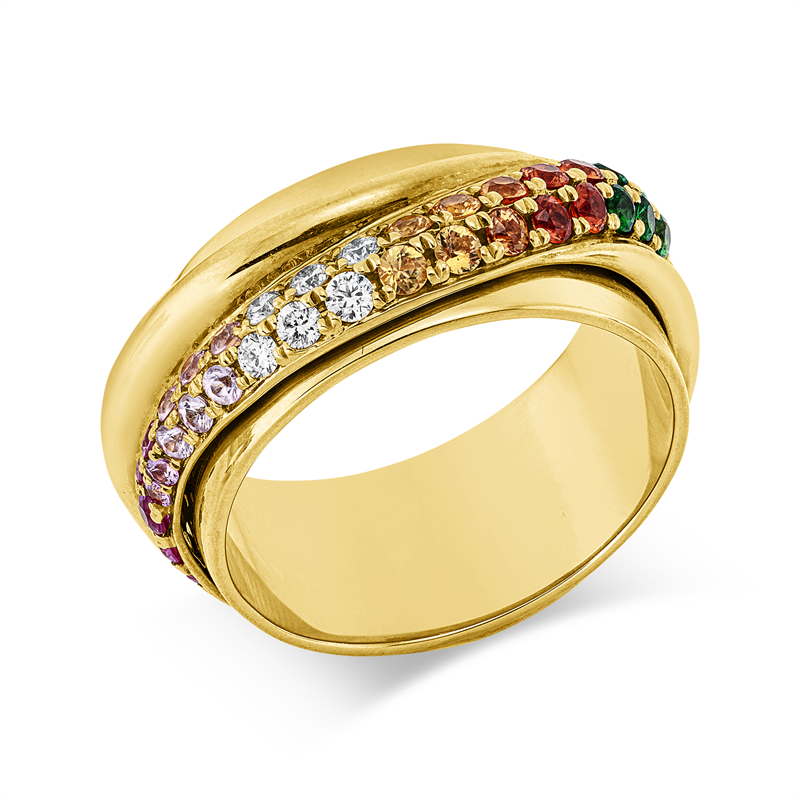 Ring 18 kt GG, 6 Brill. 0,12 ct, TW-vsi/si, 48 Saphire 1,02 ct multicolor