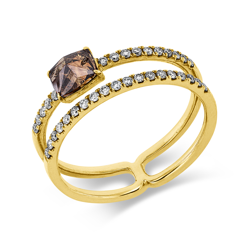Ring 18 kt GG, 34 Brill. 0,21 ct, I-vsi/si, 1 Dia.Split 0,48 ct, braun