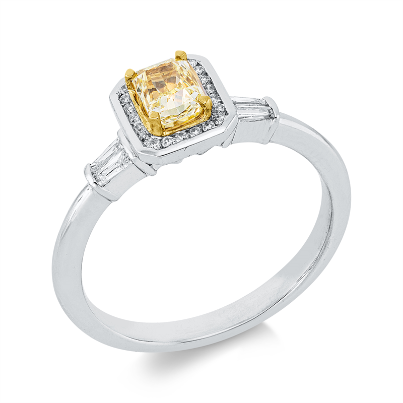 Ring 18 kt WG+GG, 1 Radiant 0,49 ct, gelb, 4 Trap. 0,06 ct, TW-si, 22 Brill. 0,11 ct, TW-si