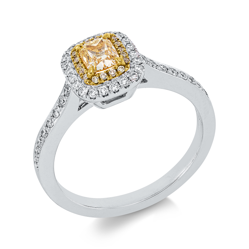 Ring 18 kt WG+GG, 1 Cushion 0,40 ct, gelb, 18 Brill. 0,08 ct, gelb,, 38 Brill. 0,17 ct, TW-si