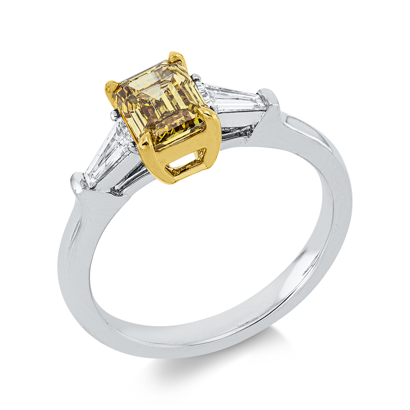 Ring 18 kt WG+GG, GIA 7426900701, 1 Sm.schliff 1,04 ct, gelb-vs1, 2 Trap. 0,26 ct, TW-si