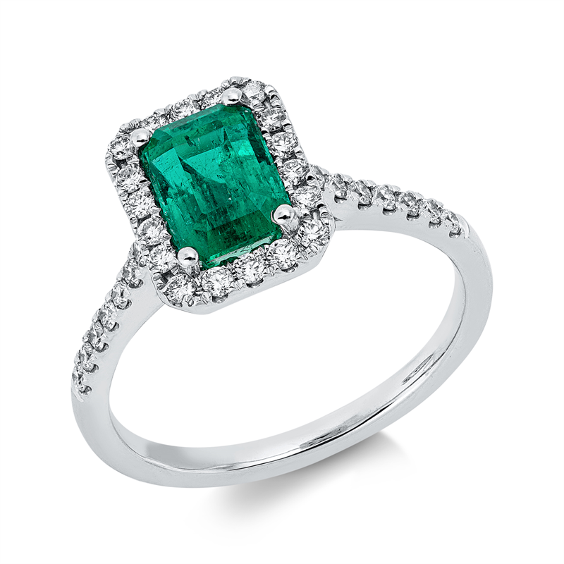 Ring 18 kt WG, 32 Brill. 0,34 ct, TW-vsi, 1 Smaragd 1,40 ct grün