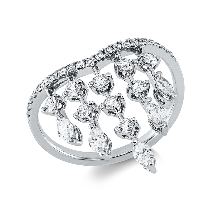 Ring 18 kt WG, 9 Brill. 0,28 ct, TW-si, 5 Nav. 0,54 ct, TW-vsi, 21 Brill. 0,14 ct, TW-si