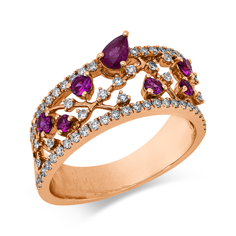 Ring 18 kt RG, 61 Brill. 0,40 ct, TW-si, 1 Rubin 0,20 ct rot, 6 Rubine 0,41 ct rot