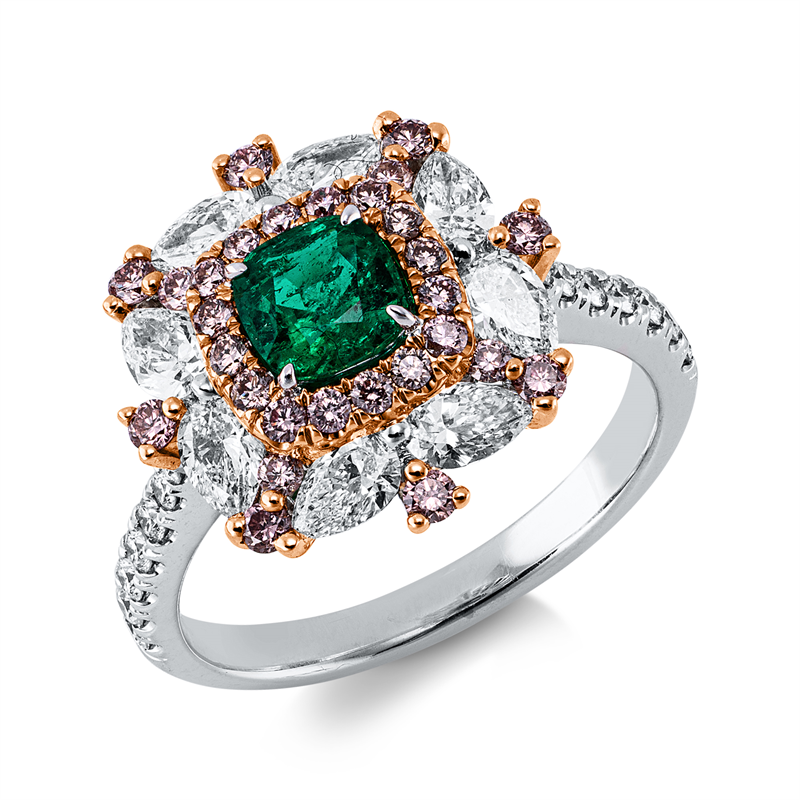 Ring 18 kt, 8 Tropfen 0,87 ct, 14 Brill. 0,19 ct, F-vvs/vs, 28 Brill. 0,37 ct, pink, 1 Smaragd 0,55 ct grün
