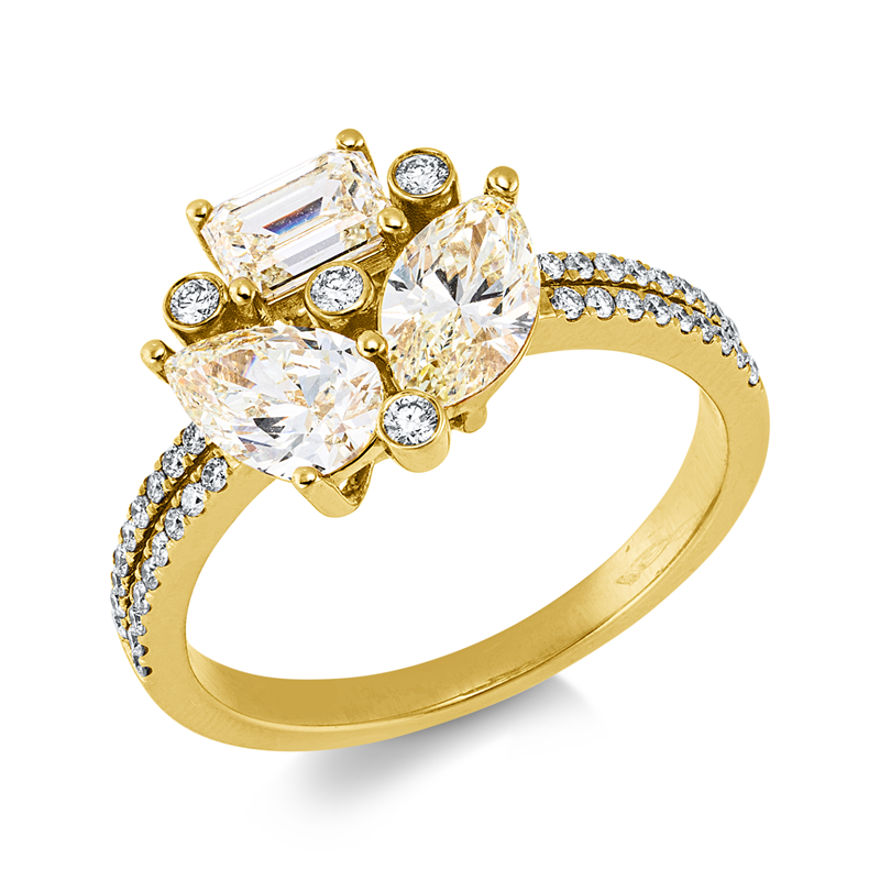 Ring 18 kt GG, 40 Brill. 0,22 ct, F-vsi, 3 Fant-Schl. 1,53 ct, gelb
