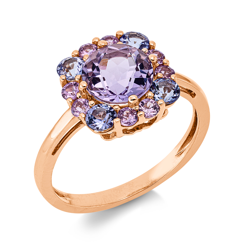 Ring 18 kt RG, 4 Tansanit 0,50 ct blau, 1 Amethyst 1,40 ct pink, 8 Saphire 0,44 ct pink