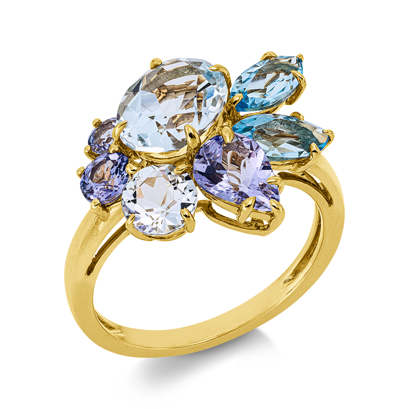 Ring 18 kt GG, 3 Tansanit 1,30 ct blau, 2 Aquamarin 2,40 ct blau, 2 Topase 1,20 ct blau