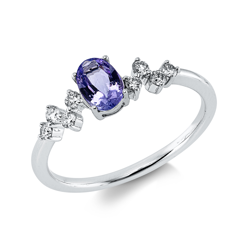 Ring 18 kt WG, 8 Brill. 0,17 ct, W-si, 1 Tansanit 0,53 ct blau