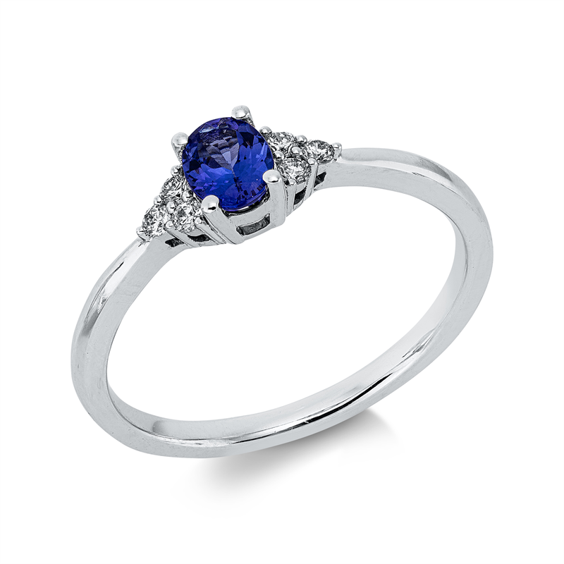 Ring 14 kt WG, 6 Brill. 0,09 ct, W-si, 1 Tansanit 0,38 ct blau