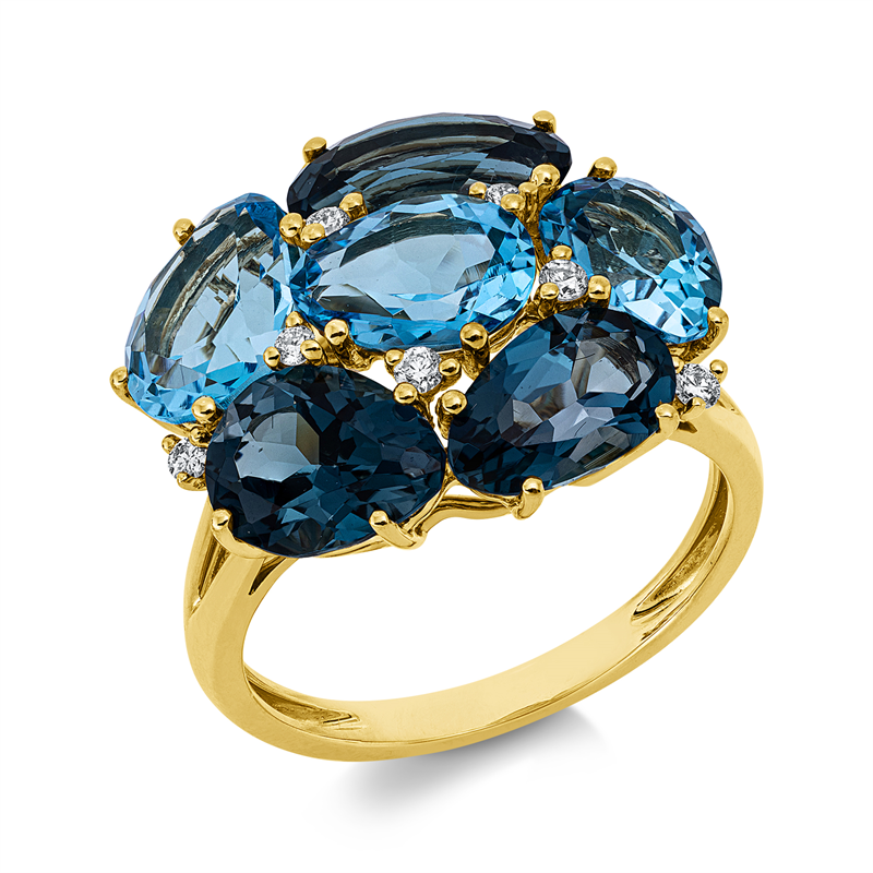 Ring 18 kt GG, 7 Brill. 0,11 ct, TW-si, 3 Topase 3,80 ct blau, 3 Topase 3,70 ct Lond. blue