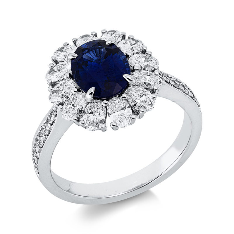 Ring 18 kt WG, 12 Oval 1,10 ct, TW-vsi/si, 12 Brill. 0,07 ct, TW-si, 1 Saphir 1,65 ct blau